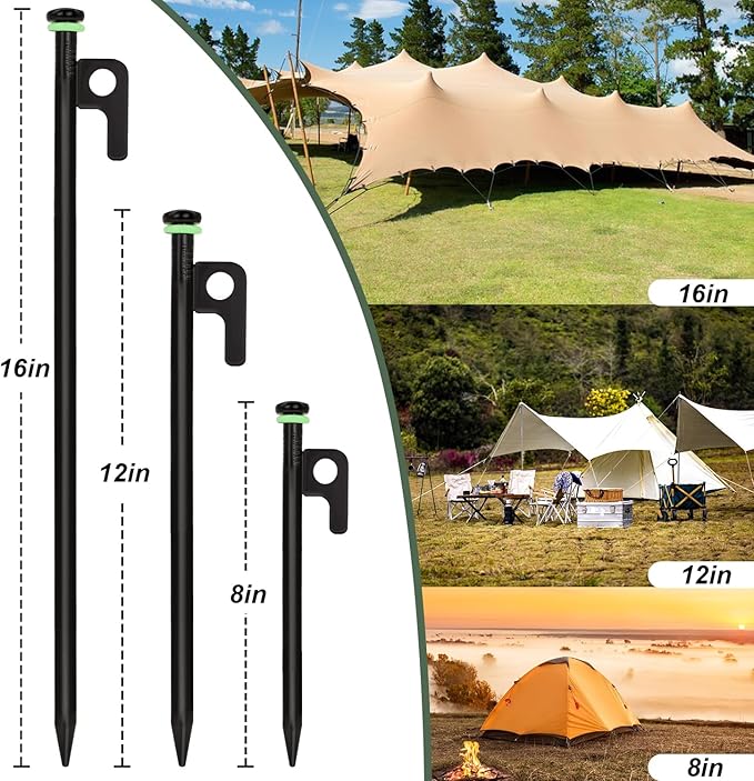 24Pcs Tent Stakes 16in Heavy Duty Tent Stakes with Storage Pouch Dia 0.35 Forged Steel Stakes for Tent Used on Rocks Grassland Snowfield(24Pcs 16in Stakes)