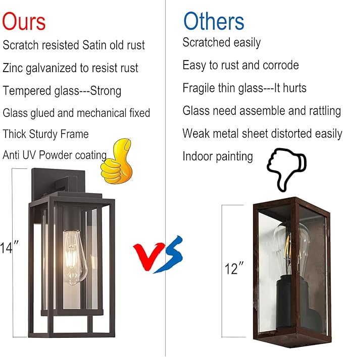 14 Outdoor Wall Light Fixtures Waterproofed Exterior Lantern W/Sturdy Rectangular Double Cage In Old Rust&ampClear Tempered GlassSconce Mounted For House PatioFront doorPorchYard Lighting 2Pack
