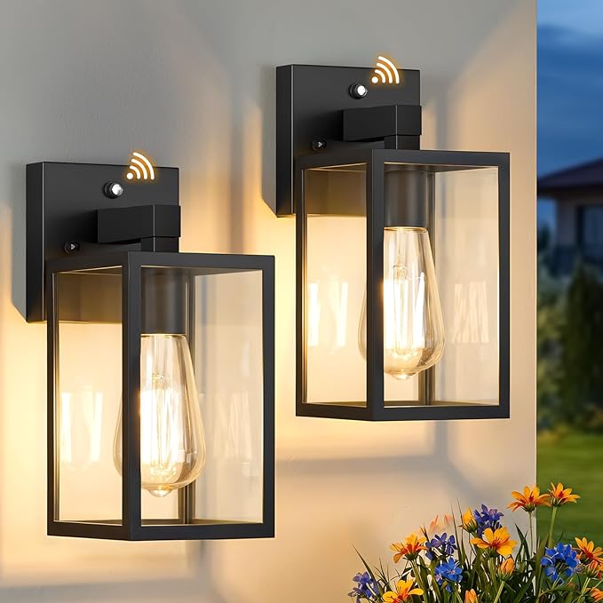 FOLKSMATE 2 Pack Dusk to Dawn Outdoor Wall Light Fixtures Exterior Porch Light Waterproof Wall Sconces Lanterns Sensor Lighting Wall Mount for House Doorway Garage Black
