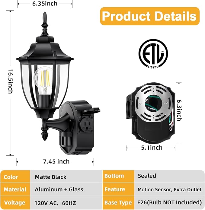 2 Pack Porch Lights with Outlet Motion Sensor Outdoor Lights Updated Dusk to Dawn Exterior Lighting Fixtures Waterproof Anti-Rust Aluminum Outside Light for House Entryway Garage Black