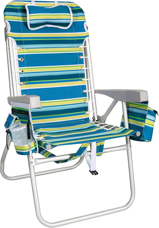 Romswi Tall Beach Chair for Adults 17 High Seat Backpack Beach Chair with Cooler Bag Cup &amp Phone Holder 5-Position High Back Reclining Chair with Towel Bar &amp Zipper Pocket Blue Stripes