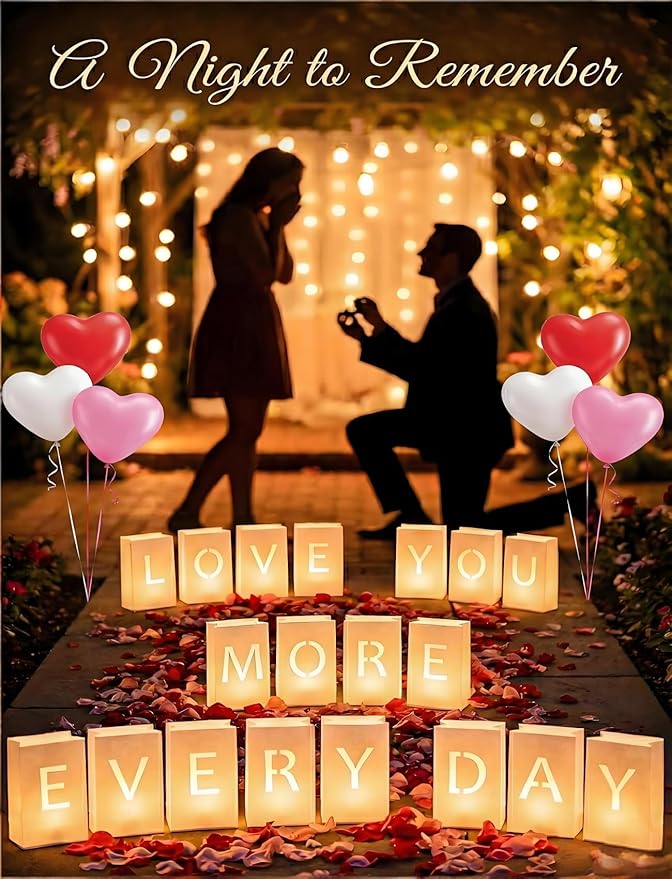 AceList Romantic Anniversary Decorations Set - Love You More Every Day 19 Pcs Luminary Bags with 40 LED Tea Lights 2000 Rose Petals &amp 6 Heart Balloons - Light Up Letters Kit for Proposal