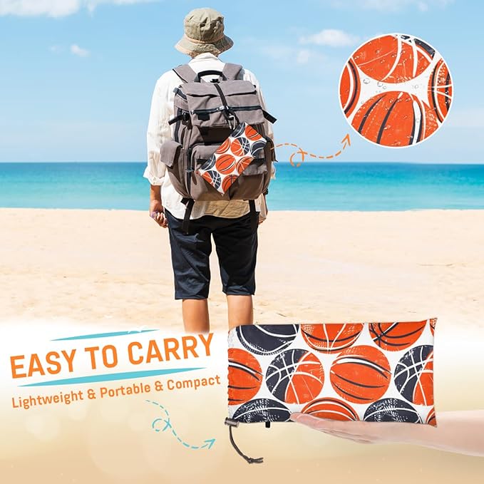 Waterproof Sandproof Beach Blanket 59''×68'' Basketball Polyester Outdoor Picnic Blanket with 4 Stakes &amp Storage Bag for BeachCampingVacation Orange