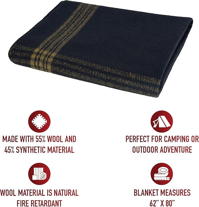 Rothco Striped Outdoor Wool Blanket – Heavyweight Warm and Comfortable Emergency Cover