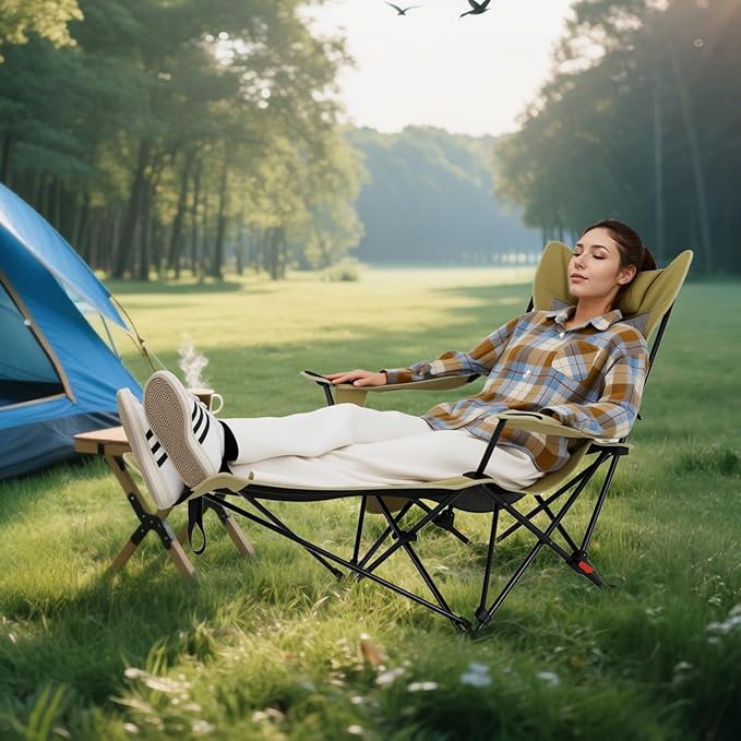Tangkula Reclining Camping Chair 2 in 1 Porable Folding Lawn Chair with Removable Footrest 4-Position Adjustable Backrest Cup Holder &amp Side Pocket Carry Bag (2 Green)