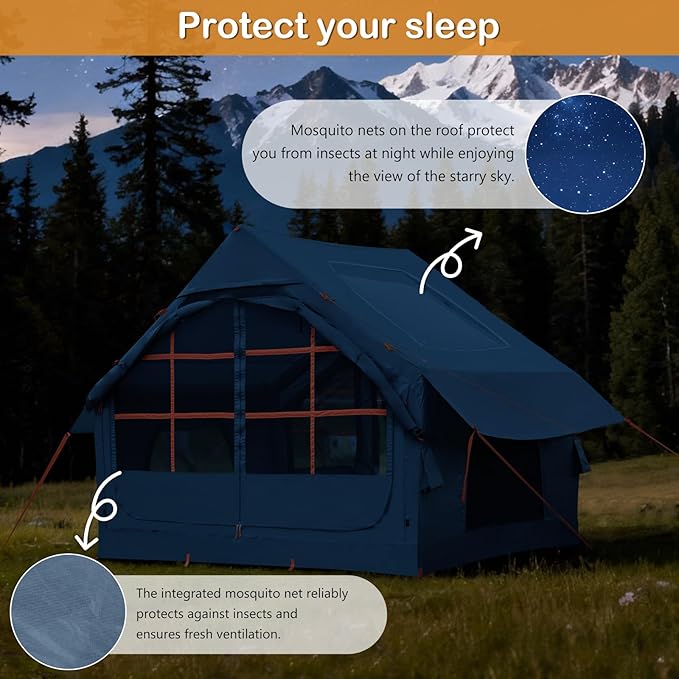 Inflatable Tents with Hand Pump Hot Tent with Stove Jack Easy Blow Up Glamping Tent with Mesh Windows 4-6 Person Instant Family Camping Tents Waterproof for 4 Seasons