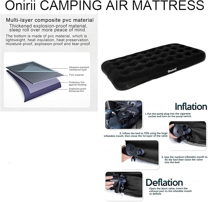 Twin Size Single Camping Air Mattress Bed with Air PumpInflatable Travel Air MattressThickened Portable Blow Up Sleeping Bed Pad for Truck Tent Camping/Home/Hiking(Black)