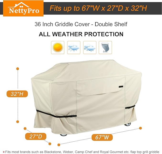 NettyPro Griddle Cover for Blackstone 36 inch Griddle Waterproof Heavy Duty 4 Burner Flat Top Gas Grill Cover for Blackstone 36 Griddle Cooking Station and Camp Chef FTG600 Beige