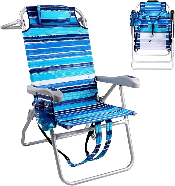 Backpack Beach Chairs for Adults - Folding Heavy Duty High Camping Chair with Storage Pouch Cup Holder &amp Towel Rack Adjustable Lounge Chair for OutdoorTravel (1pack /High Back Blue Strap)