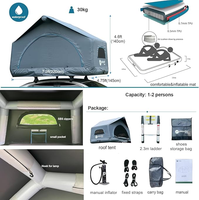 2 Person Inflatable Car Roof Top Tent with Pump4 Season Waterproof and Sun Resitant Camping Dome Roof Top Tents Camping Tent for SUV Truck and Universal CarsEasy Setup