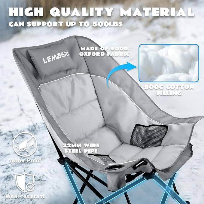 LEMBERI Oversized Heavy Duty Camping Chair for Adults500lbs Comfortable Folding Lawn Chairs Large Outdoor Portable Chair with Cup Holder Side Pocket and Cooler Bag Gray