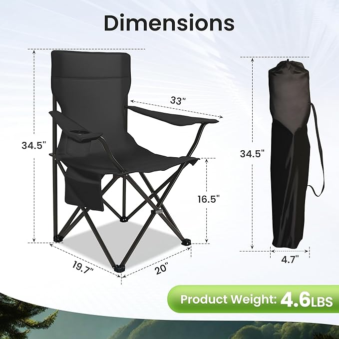 Portable Camping Chair 2 Pack Folding Outdoor Chair with Cup Holder &amp Side Pocket for Camping Hiking Picnic Beach (Black)