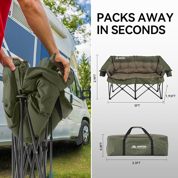 Double Camping Chairs Padded Loveseat Chair for 2 Person - Heavy Duty Oversized Camping Couch for Adults Outdoor Lawn Beach - Portable Folding Sofa with Cup Holders and Carry Bag Green