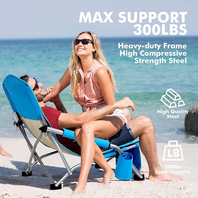 AKSOUL Folding Beach Chair for Adults: Low/High Back Chairs with Carry Bag - Extra Wide Seat Chair with Comfortable Pillow &amp Storage Pocket (1 Pack &amp 2 Pack Blue)