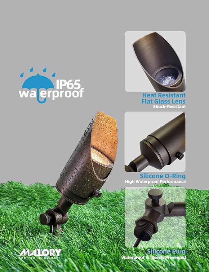 MALORY Brass Landscape Spotlight 1-Pack with MR16 Bulb Kit(S04) Low Voltage 12V AC/DC Shroud Adjustable Outside Yard LightingPVC Ground Stake and Wire Connector Included 5W 2700K Warm White