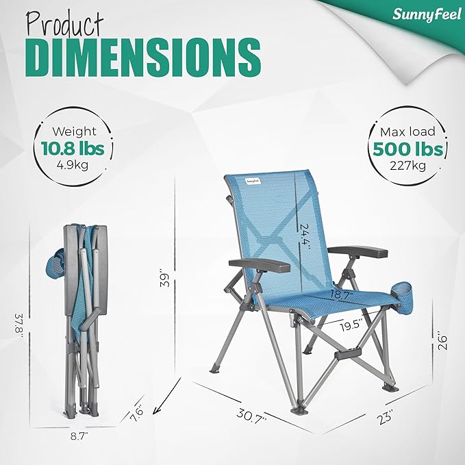 SUNNYFEEL Folding Camping Chair Heavy Duty Ergonomic Chairs Support 500lbs with Adjustable Breathable High Back Support and Cup Holder Aluminum Frame for Fishing Camp Beach Lawn RV Patio