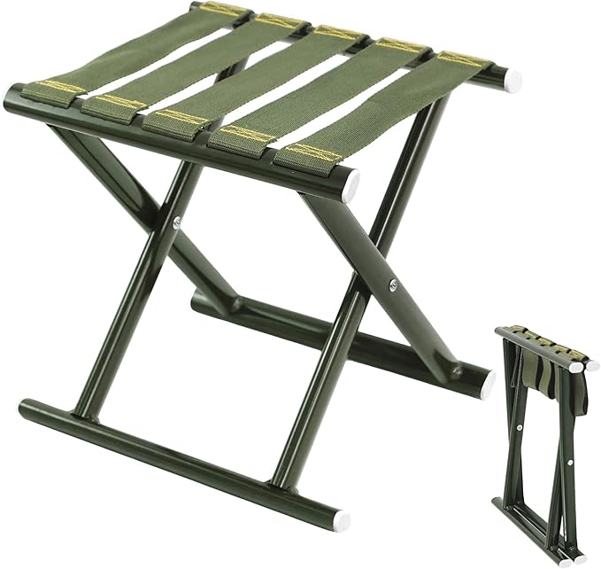 Heavy Duty Folding Stool Full Steel Frame Camping Stool for Adults 400LBS Capacity Military Green Portable Stool with Thickened Webbing Anti-Slip Feet for Outdoor Camping Hunting Fishing Gardening