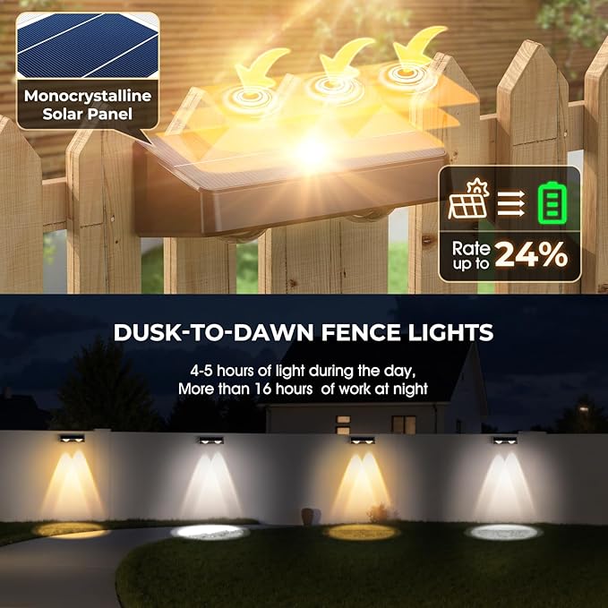 Fence Solar Lights Solar Fence Lights Outdoor Waterproof Led Warm/Cool White and RGB Colors Changing Outside Wall Lights for Yard Garage Backyard Railing Step Patio Pool - 12Pack