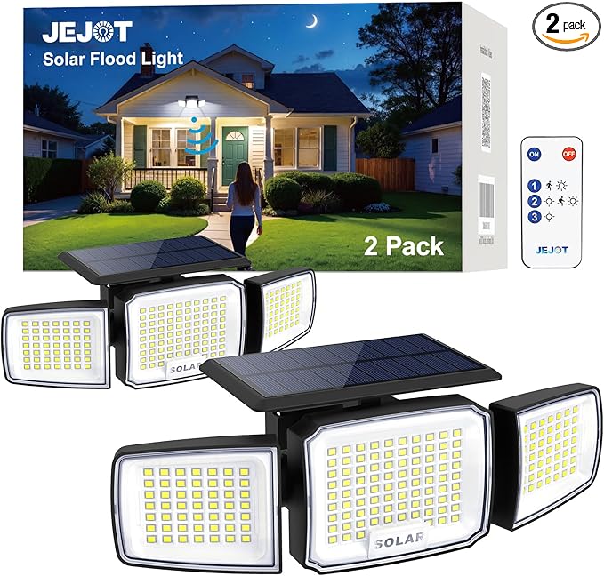 Solar Security Light OutdoorSolar Flood Light with Active Motion Sensor3 Heads 270° Wide AngleRemote ControlIP65 Waterproof 3 Modes (2 Packs)