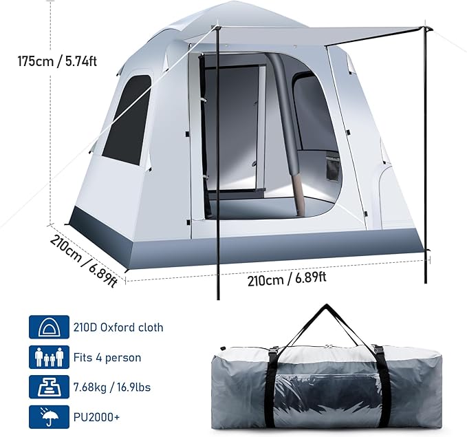 Quick Inflatable Camping Tent 3-4 Person Glamping Outdoor Air Blow Up Tents Easy Set upRainfly &amp Waterproof Inflatable House Tent for Adults