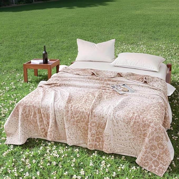 ITFRO Leopard Cooling 3 Layer Cotton Muslin Blanket for Hot Sleepers 80x92 Inches Lightweight Breathable Reversible Summer Camping Blanket All Seasons for Couch Sofa Bed (Leopard Khaki 80x92)