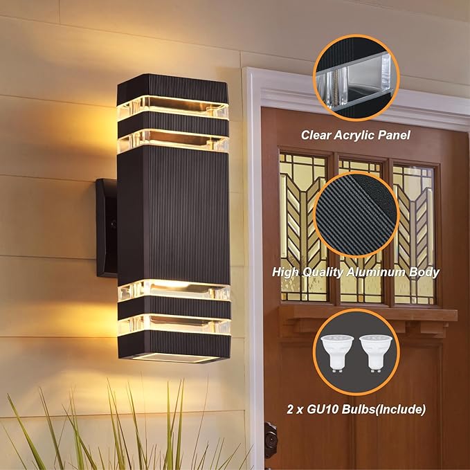 DASTOR 4 Pack Outdoor Wall Lights Brown Exterior Lighting Fixtures Wall Mount 2-Layer Modern Outdside Lights for House Up and Down Outdoor Sconce Lights for Porch Patio Garage