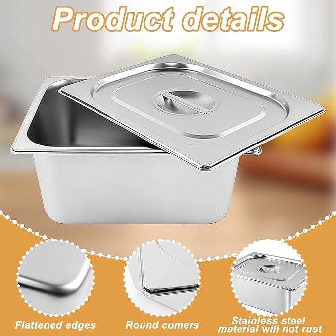 2 Pack 1/2 Size Stainless Steel Steam Table Pans with Lid Anti Clogging Anti Rust for Hotel Buffet