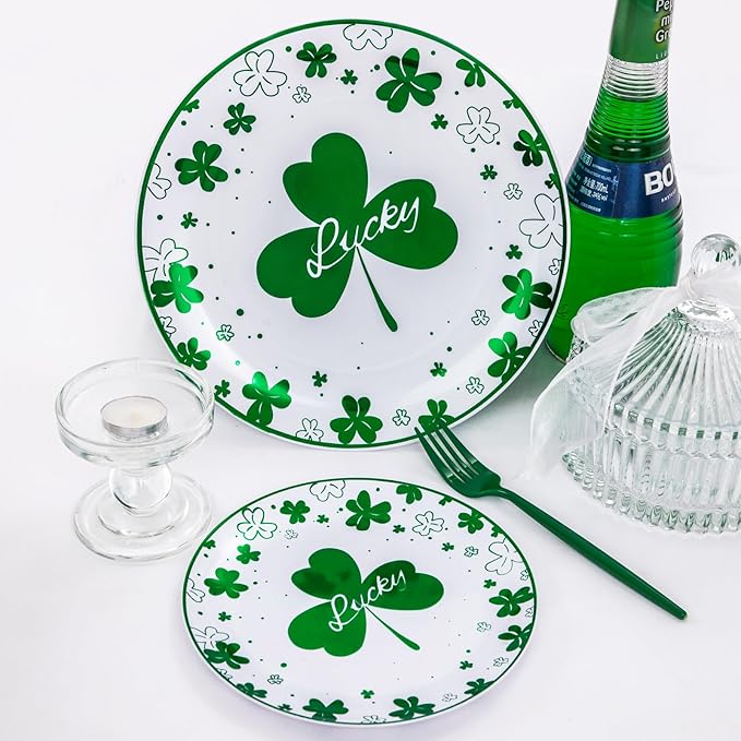 Rubtlamp 60Pcs Plastic Green PlatesSt Patricks Day Plates with Green Trefoil and Lucky Alphabet Green Disposable Plates include 30 Plastic White Dinner Plates and 30 Salad Plates for Spring
