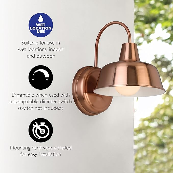 Design House Mason Farmhouse Gooseneck Barn Light Outdoor Exterior Porch or Patio Wall Light Fixture Copper Paint 8 Inch Diameter 1-Pack 588434