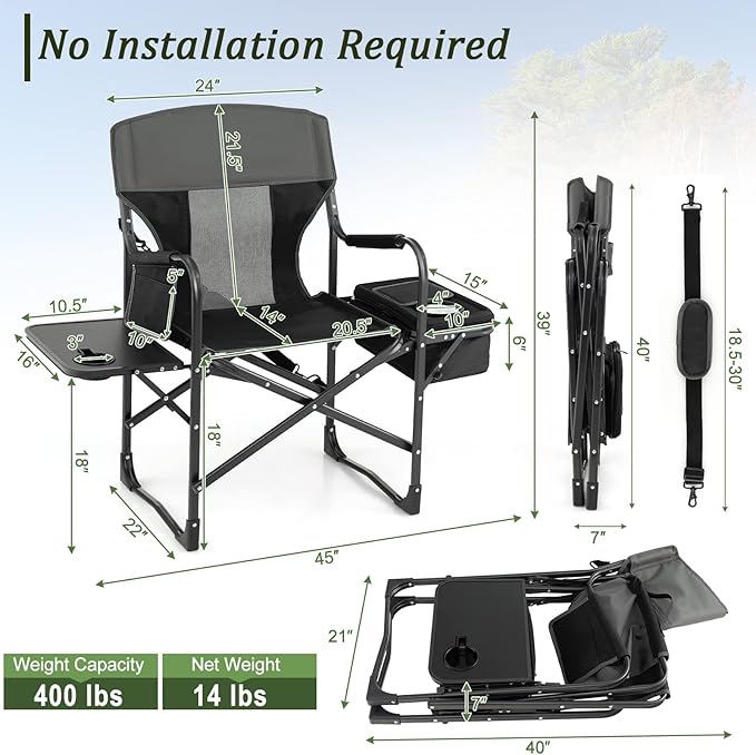 Giantex 2 PCS Camping Chairs Folding Directors Chair with Side Table Pocket Cooler Bag Shoulder Strap Handle Support 400 Lbs Lawn Chair Artist Chair for Makeup Fishing Picnic Black