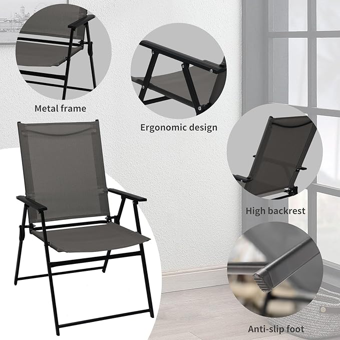 SHGJ&ampSOFT Set of 6 Folding Patio Chairs Outdoor Chair with Armrests for Lawn Garden Pool Beach Yard Lounge Metal Frame No Assembly Camping Chairs (Grey 6pc)