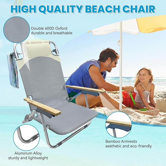 2 Pack Low Backpack Beach Chair with Folding Bamboo Table for Adults 5-Position Lay Flat Reclining Chair Lightweight with Cooler Bag Supports 265 lbs