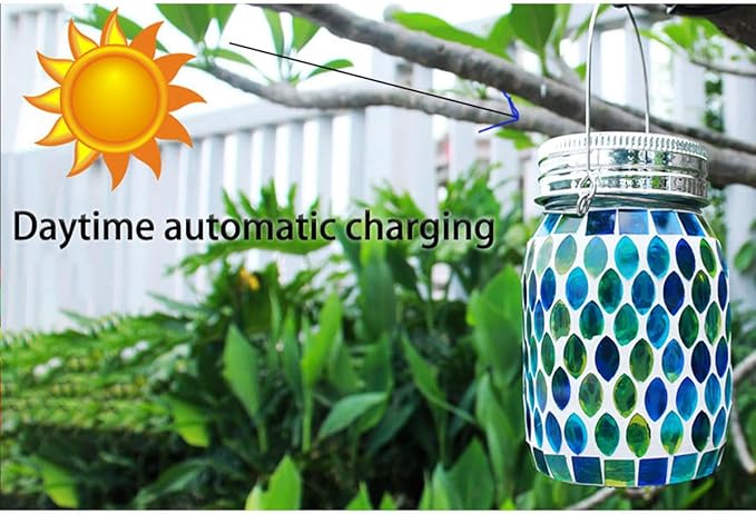 Solar Mosaic 2pack Outdoor Waterproof Cool Blue Mosaic jar Decor Christmas Gifts for Women Mom Grandma Halloween Hanging Solar Lights Decoration Outside for Yard PatioBackyardPorch (Contemporary)