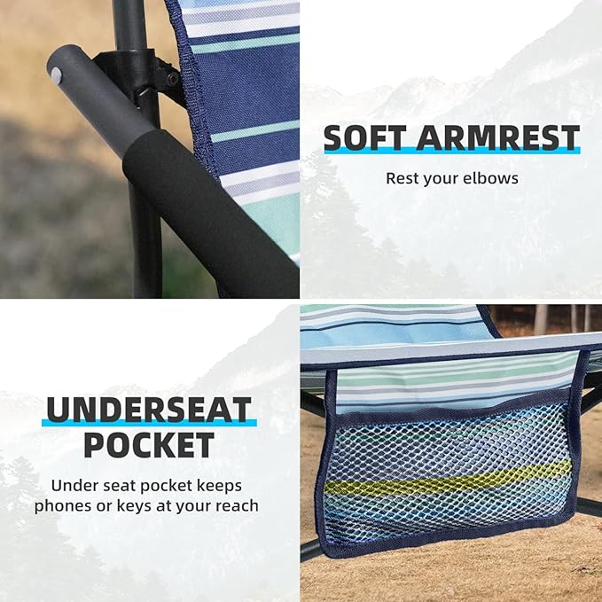 Portable Folding Beach Chair for Adults - Lightweight Low Back Sling Chair with Storage Pocket 300lbs Capacity Camping Chair for Outdoor Lawn Concert Travel (Orange-Colour Striped)