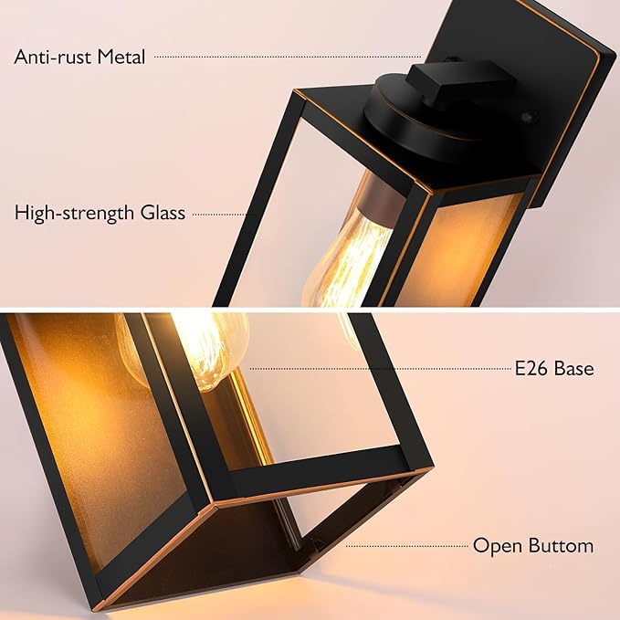 BesLowe Outdoor Wall Light Fixtures Exterior Waterproof Wall Lanterns Porch Sconces Wall Mounted Lighting with Glass Shades Modern Wall Lamps for Garage Front Door Entryway Black with Gold Trim