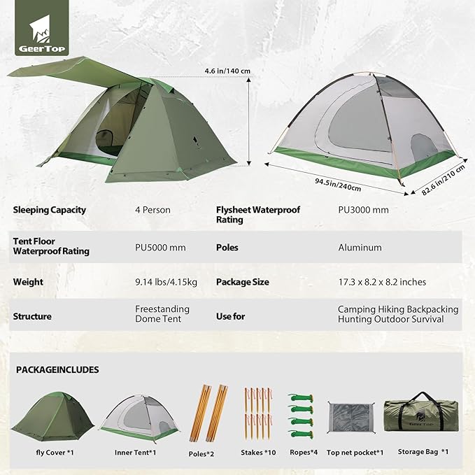 GEERTOP 4 Person 4 Season Tent for Camping Waterproof Double Layer Easy Set Up Family Tent for Camping Hiking Backpacking Outdoor Travel