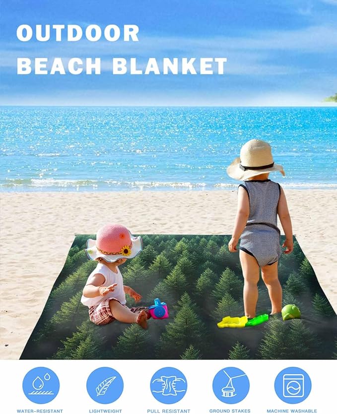 Green Forest Beach Blanket Waterproof Sandproof Pine Trees Forest Summer Landscape Beach Mat Quick Drying Outdoor Picnic Mat 108 x 84 for 1-6 Adults Essentials for Travel Camping Hiking