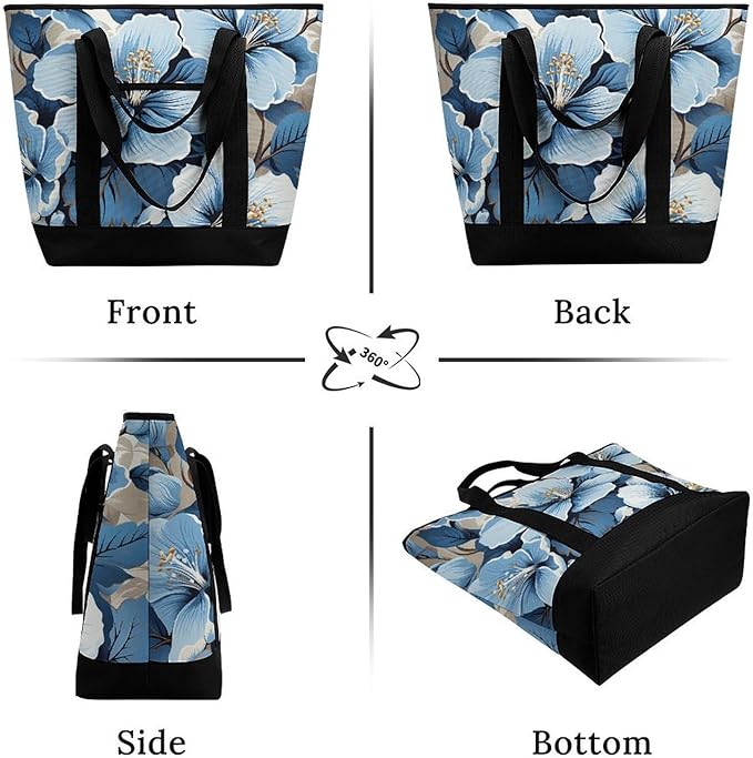 Insulated Shopping BagLarge Reusable Cooler Bags Blue Hibiscus Flower Printed Foldable Shopping BagTravel Waterproof Shoulder Bag