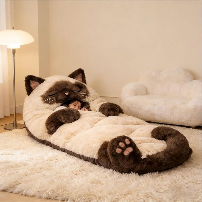 Plush Cat Print Envelope Sleeping Bag | Cat Sleeping Bags for Humans | Warm Cats Mummy Sleepings Bag with Soft Flannel Lining Self | Giant Plush Envelope Design Sleep Sack Cats Blanket for Humans