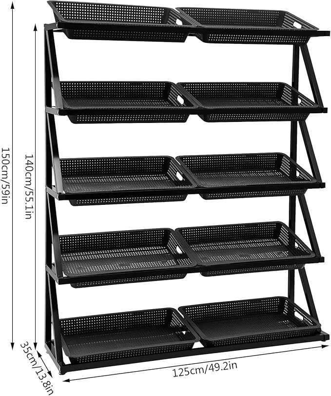59.06in 5 Tier Retail Display Rack Market Shelf Metal Wire Display Shelf Fruit Vegetable Snack Basket Set Shelf 220 Lbs Capacity 10 Hollow Plastic Storage Containers Protective Covers