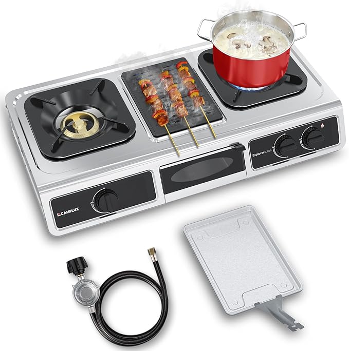 CAMPLUX 3 Burner with 1 Grill Plate Propane Gas Cooktop Stove 26000 BTU Stainless Steel Triple Burner Propane Cooktop for Outdoor Kitchen Cooking with CSA Regulator Estufa de Gas Portatil
