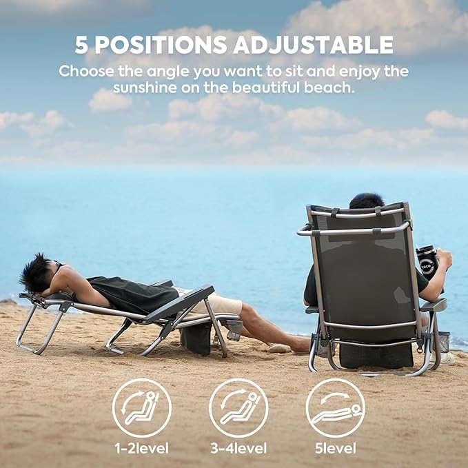 ICECO Bora High Back Beach Chairs for Adults 5 Positions Reclining Beach Chair with Headrests Folding Beach Chair with Cup Holder &amp Storage Bag for Beach Pool Patio Capacity 500lbs
