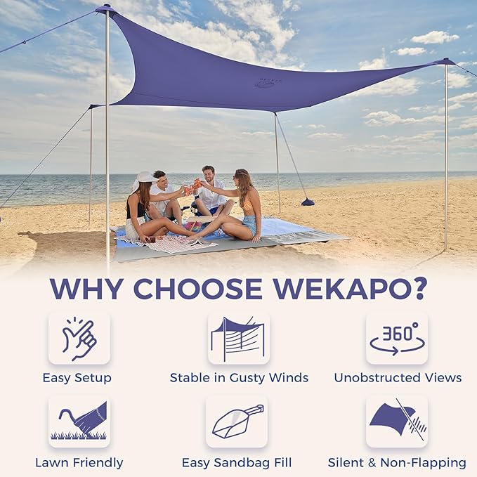 WEKAPO Beach Tent Sun Shelter - Easy Setup Beach Canopy with 4 Sturdy Poles Extra Large Sandbags and Shovel 7'8'' Tall Windproof Sun Shade for Backyard and Camping UPF 50+ Protection