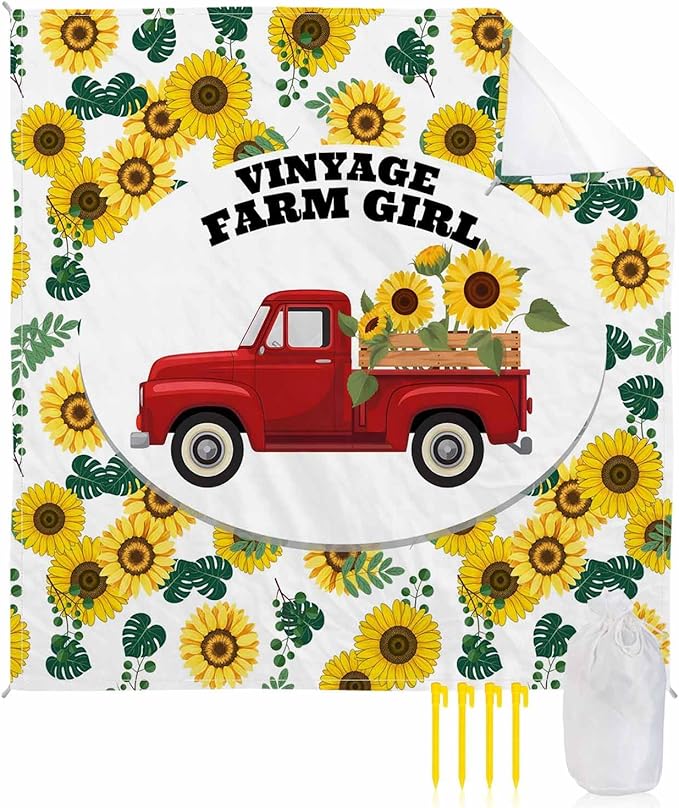 Beach Blanket Waterproof Sandproof OversizedFarm Yellow Sunflower Red Truck Beach Mat with Corner Stakes Sand PocketsSpring Green Leaves Outdoor Picnic Mat for Travel Camping Hiking108x84In