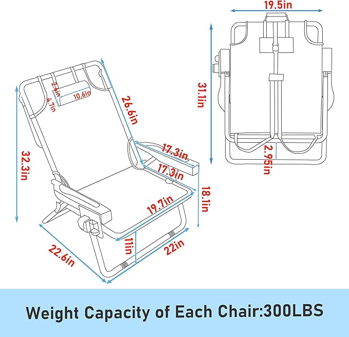 BlueWish Backpack Beach Chair 2 Pack Beach Chairs for Adults with Water-Resistant Storage Bag Oxford Fabric 5 Adjustable Position Folding Beach Chair for Poolside Garden Backyard