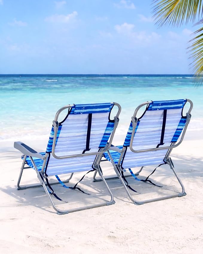 GVDV Backpack Beach Chairs for Adults 2 Pack Portable Lay Flat Folding Chair with Cup Holder and Towel Bars 4-Position Adjustable Reclining Chair for Beach Camp Outdoor Blue and White Stripes
