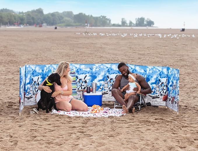 Beach Windscreen Privacy Screen Wind Blocker - Ships and Shells with Mallet and Bag