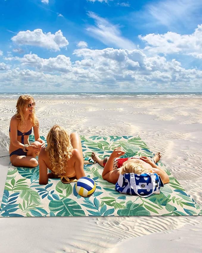 Summer Tropical Plant Beach Blanket Waterproof Sandproof Blue Green Leaf Vintage Linen Beach Mat Quick Drying Outdoor Picnic Mat 83 x 79 for 1-4 Adults Essentials for Travel Camping Hiking