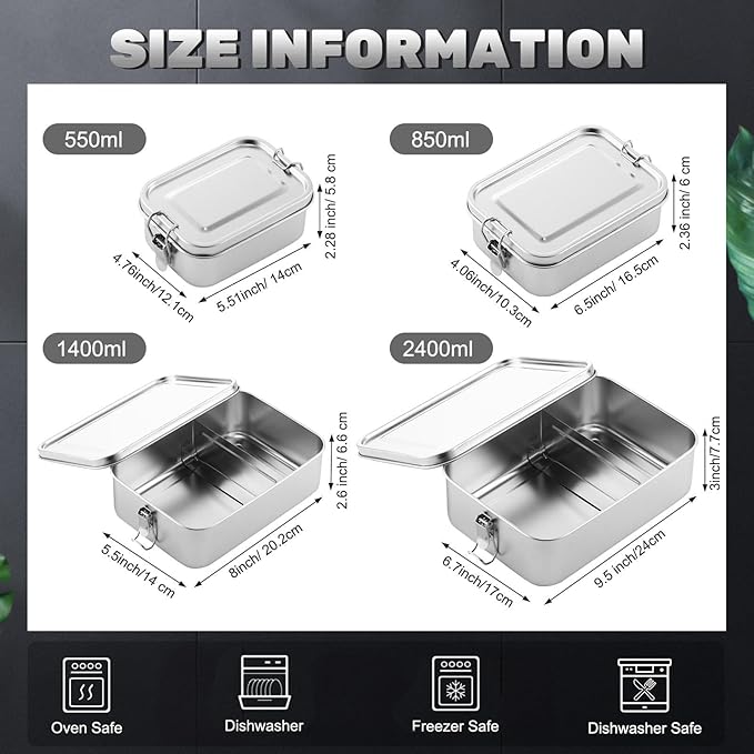 Umigy 12 Pcs Stainless Steel Food Containers 550/850/1400/2400 ml Metal Bento Lunch Box Stainless Steel Food Storage Containers Lockable Clips to Leak Proof Reusable Dishwasher Snack Boxes for Work
