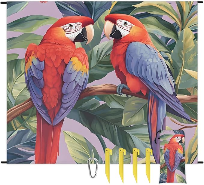 Waterproof Sandproof Beach Blanket 59''×68'' Macaw Parrot Polyester Outdoor Picnic Blanket with 4 Stakes &amp Storage Bag for BeachCampingVacation Fuchsia